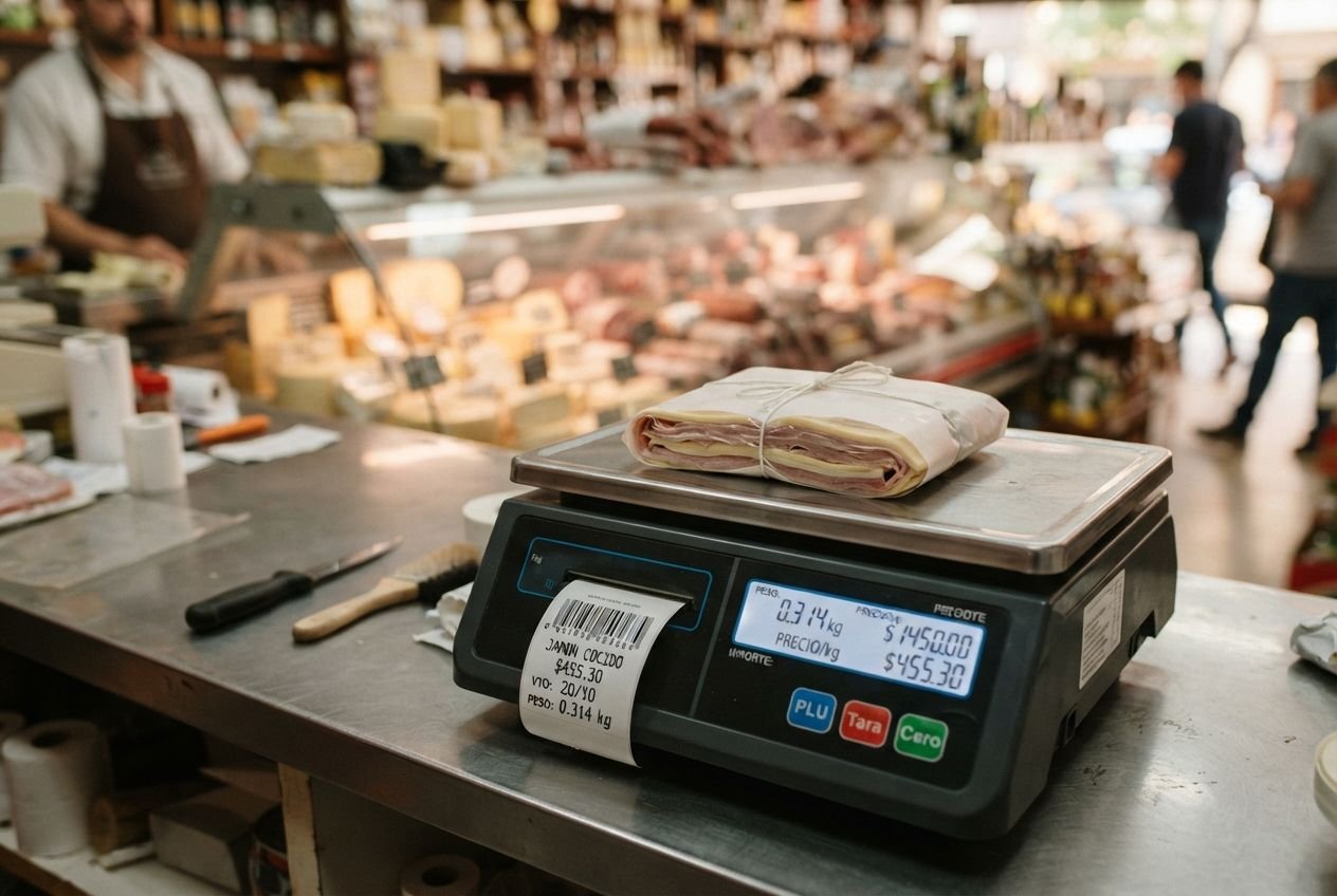 Balanza con etiqueta de código de barras en un minimercado