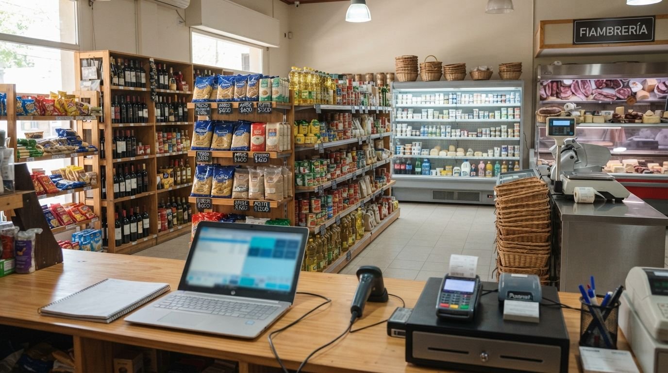 Almacén de barrio usando el sistema SIMPLE Nexus en el mostrador