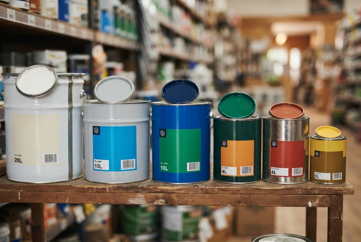 Latas de pintura de distintos colores y tamaños en una pinturería